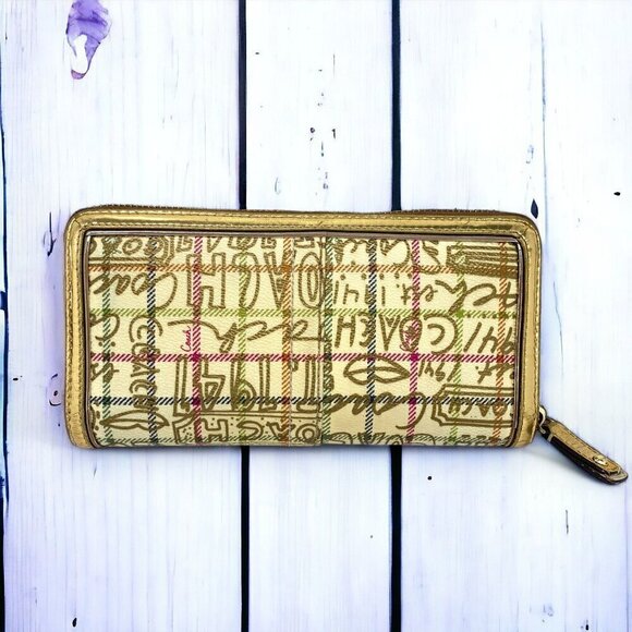 COACH Tattersall Large Zip Around Wallet Gold Signature Coated Canvas & Leather - Picture 5 of 9